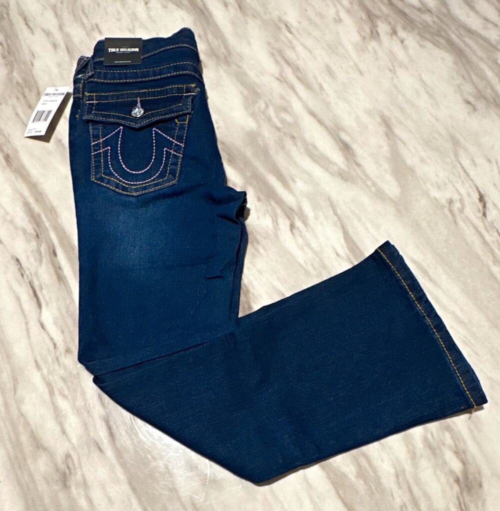True Religion Women’s Flare Jeans Blue Dark Wash Mid Rise Pink Stiching side 8